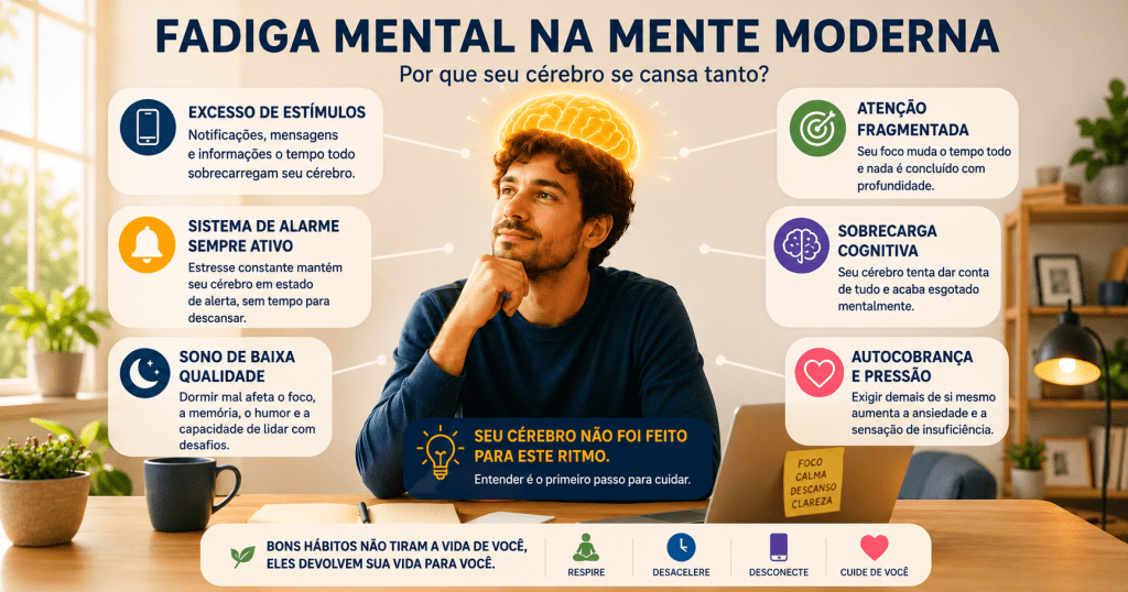 Infográfico sobre fadiga mental na mente moderna, mostrando uma pessoa com cérebro iluminado cercada por estímulos, notificações, pressão e sobrecarga cognitiva.