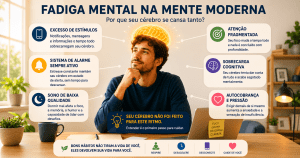 Infográfico sobre fadiga mental na mente moderna, mostrando uma pessoa com cérebro iluminado cercada por estímulos, notificações, pressão e sobrecarga cognitiva.