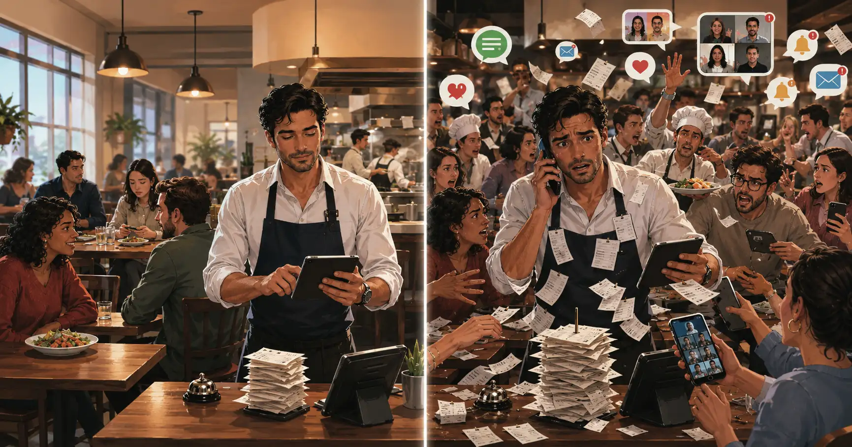 Sobrecarga mental ilustrada por um restaurante lotado, mostrando a diferença entre uma mente organizada e uma mente em caos por excesso de estímulos digitais.