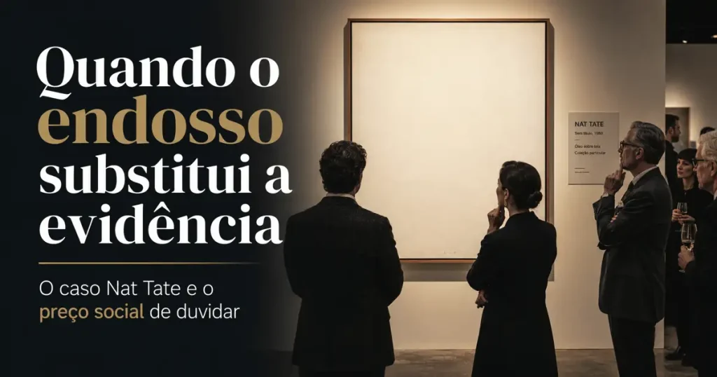 Pessoas em galeria observam quadro vazio no caso Nat Tate, símbolo do medo de julgamento social e viés de autoridade