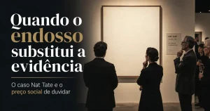 Pessoas em galeria observam quadro vazio no caso Nat Tate, símbolo do medo de julgamento social e viés de autoridade